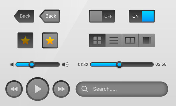 UI component set showing media player controls slider bars toggle switches and navigation buttons