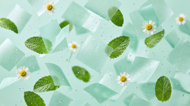 Refreshing oral thin film strips floating with fresh mint leaves and chamomile