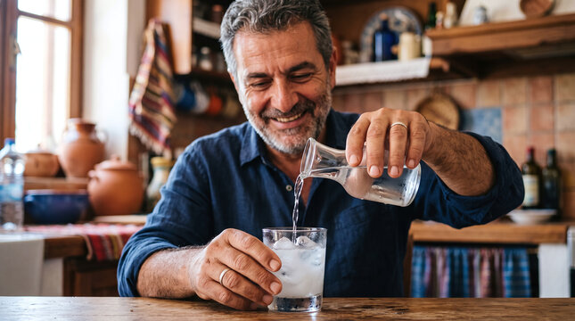 Happy mature man pouring traditional Greek ouzo with ice in a rustic kitchen
