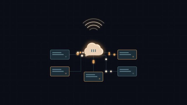Abstract cloud computing network concept with connected digital server nodes and wireless signal icon on a dark background 4k video animation