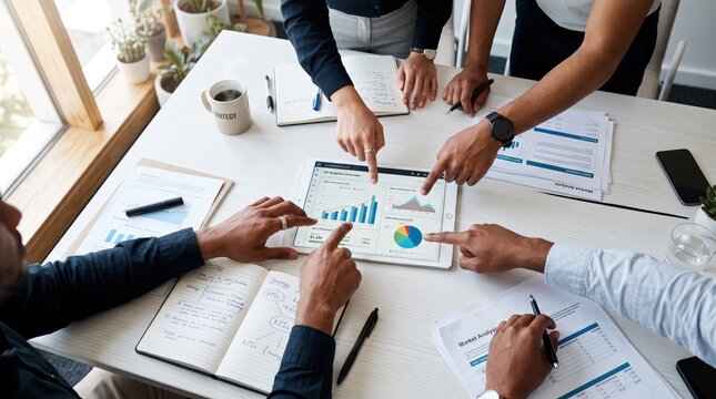Diverse business team collaborating around table, pointing at tablet displaying data charts and graphs, discussing strategy and market analysis in modern bright office space