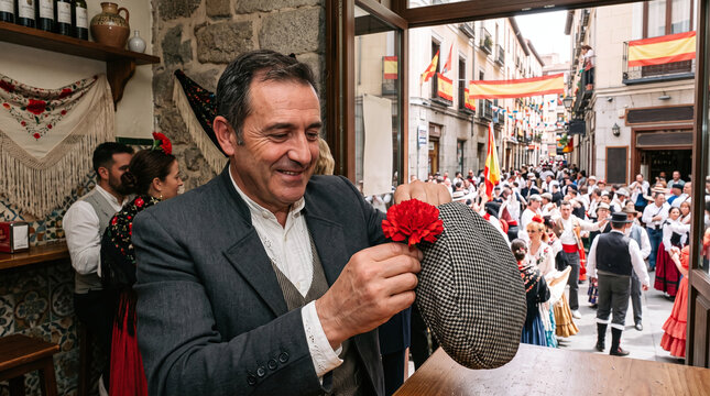 Chulapo pinning a red carnation to his cap at the San Isidro festival in Madrid