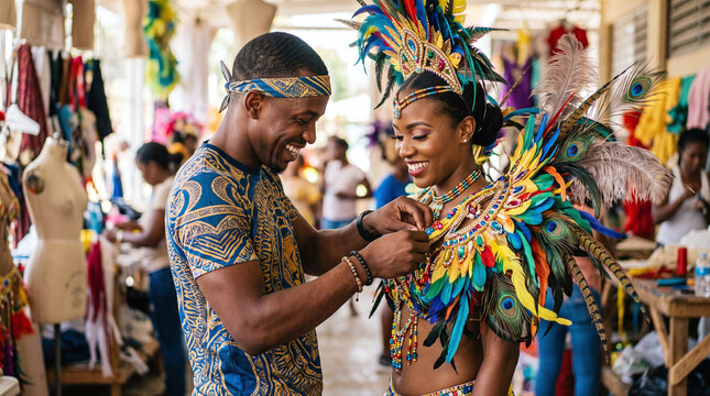 Smiling man adjusting colorful feathered costume on woman for Trinidad Carnival