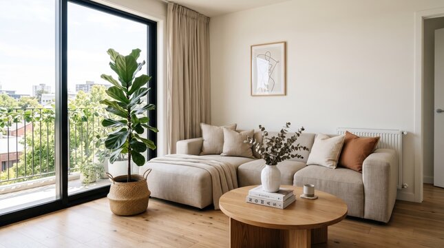 Modern living room interior design with beige sofa, large window balcony view, minimalist home decor, cozy apartment furniture, bright natural light, contemporary lifestyle space