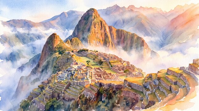 Watercolor Painting Global Cultural Heritage, Majestic Machu Picchu Emerging from the Clouds