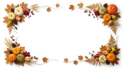 Fototapeta premium Autumn harvest border frame with pumpkins, pears, apples, wheat, and maple leaves on a white background, for seasonal holiday projects