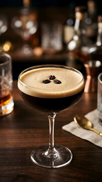 Espresso martini in coupe glass with three roasted coffee beans floating on thick foam