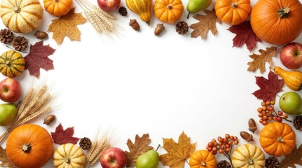 Fototapeta premium Thanksgiving border frame with pumpkins, apples, pears, wheat, acorns, and autumn leaves on a clean white background, for seasonal celebration