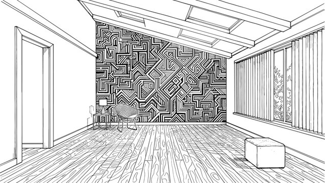 Living room interior sketch illustration with wooden floor sloped ceiling skylights windows and abstract geometric wallpaper accent wall