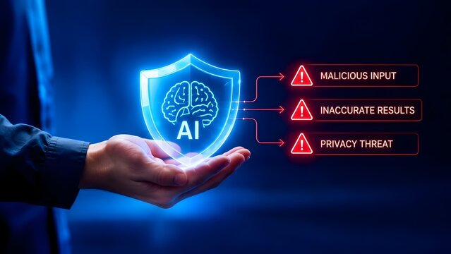 Human hand holding AI brain shield analyzing malicious input and privacy threats for artificial intelligence risk management concept