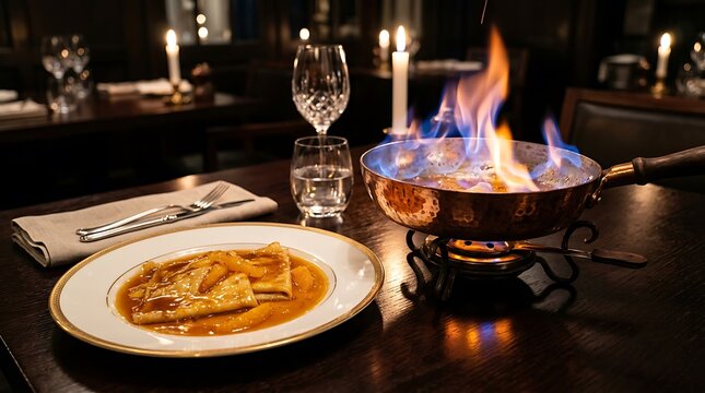 Crepes Suzette flamb&eacute; prepared in a copper pan at a fine dining restaurant
