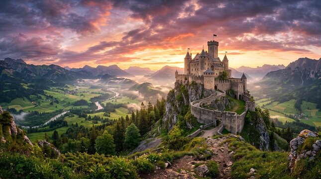 Medieval castle perched atop mountain with dramatic sunset lighting and lush green forest