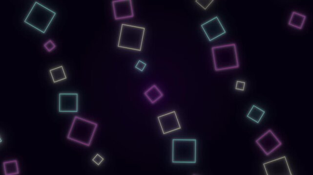 Abstract glowing squares flowing diagonally in neon light against a dark background with a subtle parallax effect