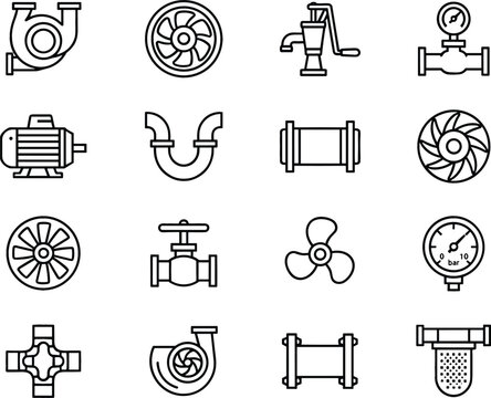 Mechanical industrial water supply pipeline system components linear icon set with pump impeller valve and plumbing hardware vectors