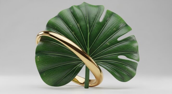 Green leaf sculpture with gold ring accent.