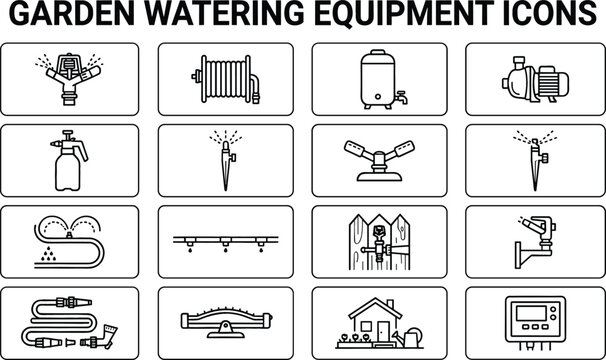 Garden watering equipment line icons vector set featuring irrigation sprinklers hose reel pump nozzles and system timer