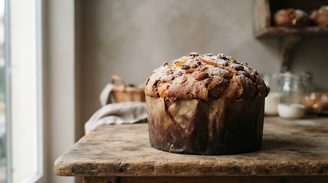 Artisan panettone with nuts and dried fruit dusted with powdered sugar
