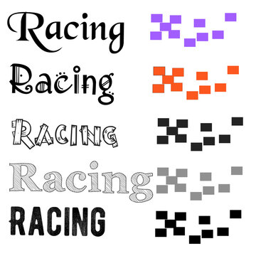 Racing Logo Typography Set with Multiple Font Styles and Checkered Flag Icon Variations on transparent background 