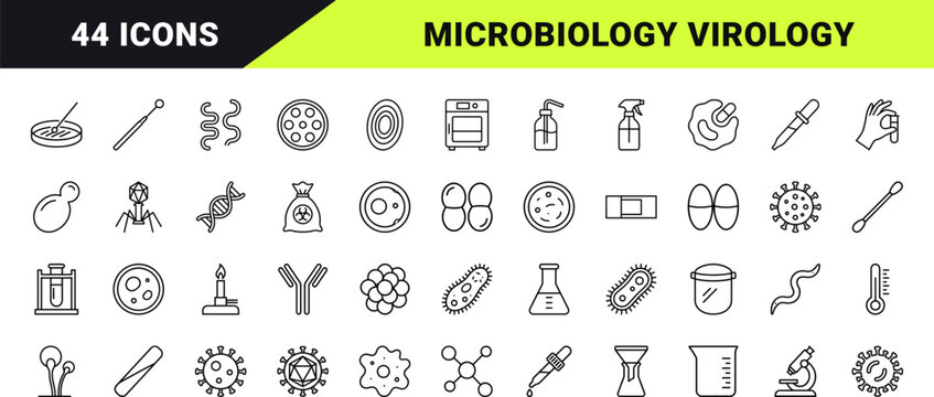Microbiology line icon set. Vector pictograms of virology, bacteria, virus, and cell elements, thin linear illustration.