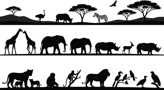 African safari horizontal borders collection with wild animal silhouettes savanna trees and tropical birds on white background