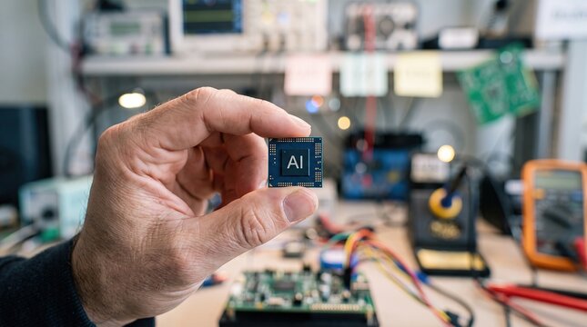 Hand holding AI microchip with electronic components and equipment in background