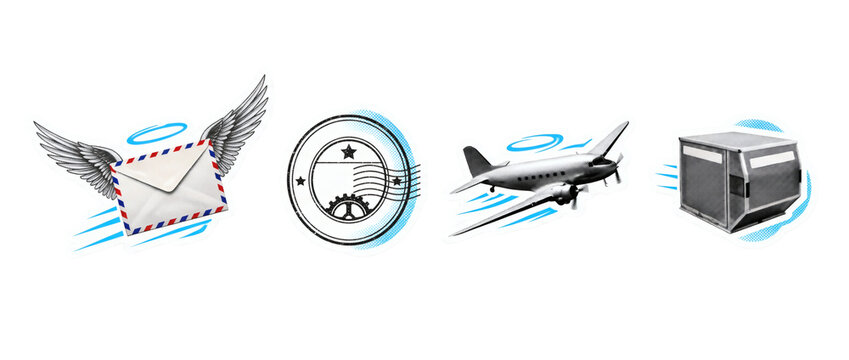 Airmail express postal icons, flying winged envelope letter, radar compass gauge, passenger airplane, and mail parcel box. Global postal courier delivery shipping on transparent background.