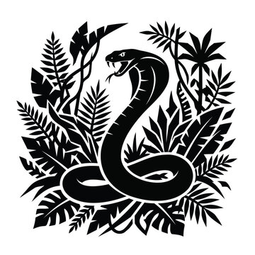 Black mamba snake rearing up with open mouth in a tropical jungle leaf pattern