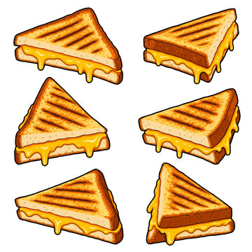 Grilled Cheese Sandwich Slices Cartoon Vector Set on Transparent Background