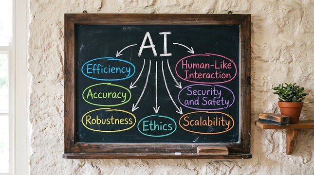 Artificial Intelligence concept map on a chalkboard with key attributes