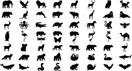 Fototapeta premium Massive graphic bundle featuring diverse wild safari animals marine creatures insects and polar wildlife solid stencil silhouettes