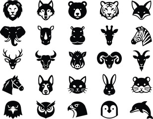 Obraz premium Minimalist graphic animal head avatar icons set featuring lion tiger elephant wolf deer and owl vector stencils
