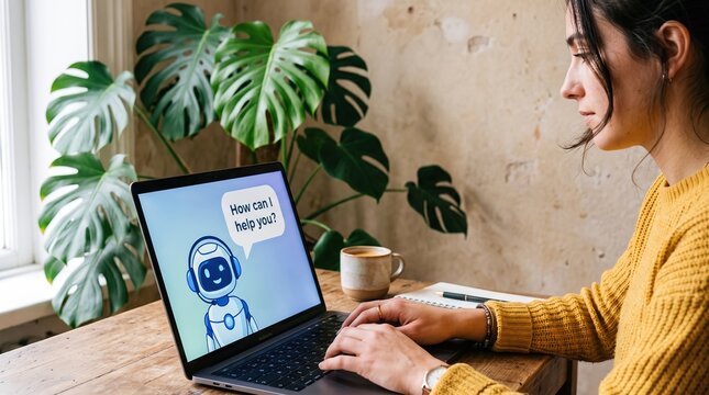 Woman interacting with AI chatbot on laptop for customer service assistance