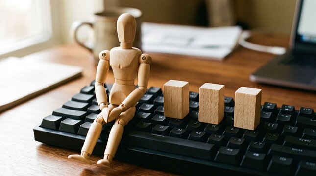 Wooden Mannequin Sits on Keyboard Near Wooden Blocks and Laptop