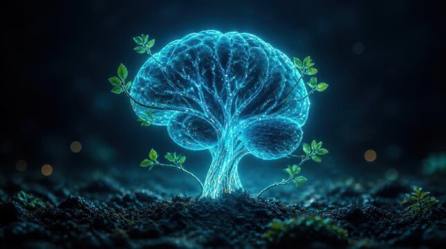 Glowing digital brain shaped tree growing from dark soil representing artificial intelligence and human cognition