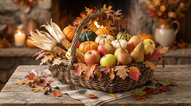 Wicker basket filled with seasonal pumpkins gourds apples dry autumn leaves on a rustic wooden table
