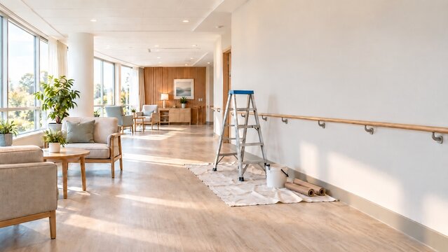 明るい介護施設ラウンジの改修工事と共用空間リフォーム