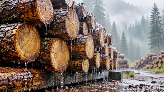 Wet Timber Logs Stacked Outdoors in Pine Forest Under Rain, Forestry Industry and Freshly Cut Wood Background