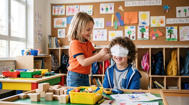 Two young children playing a game in a classroom with one child blindfolded by a face mask
