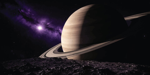 Saturn planet with rings and moon in deep space with purple nebula outer space gas giant science astronomy background astronomical object astronomical phenomenon solar system © jr graphics