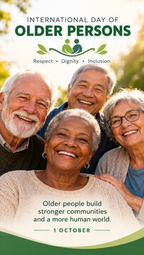 International Day of Older Persons poster with a group of diverse smiling senior citizens