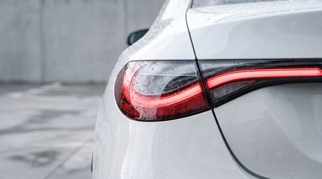 Close up of white car taillight with rain drops, automotive detail photography, wet vehicle surface, modern LED light design, transportation concept, sleek exterior