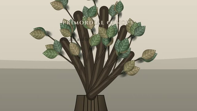2D animation metaphor of cultural assimilation where a natural tree loses its leaves to a mechanical gale and is replaced by an artificial polymer monoculture