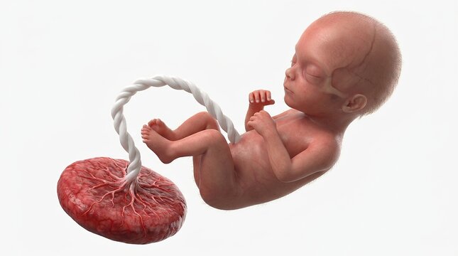 Human Fetus Development Stage With Umbilical Cord and Placenta Isolated on White Background