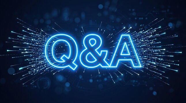 Neon Q&A Text with Exploding Blue Light Particles on Dark Background