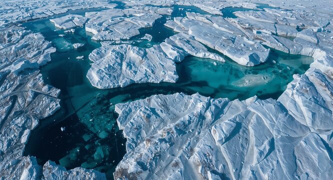 Drone panorama of polar ice caps with visible meltwater pools demonstrating accelerated melting ice phenomena and vulnerability of polar regions for creative use