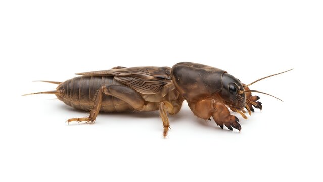 A close up studio shot of a brown mole cricket on a white background.