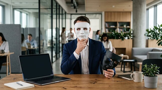 Man in office wearing white mask holding black mask contemplating identity and deception