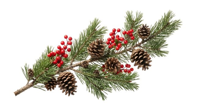 A festive christmas pine branch decorated with red holly berries and brown pine cones, isolated on white background