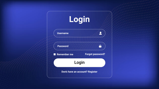 Glassmorphism Login Form, Frosted Glass Sign In Panel with Username Password Fields and Button on Blue for App Design