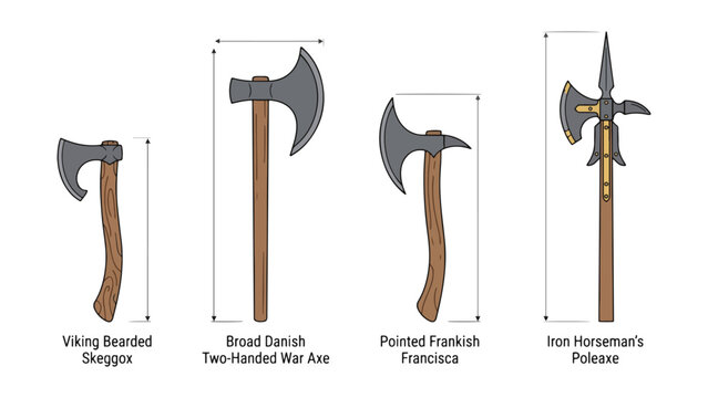 Historical Medieval Hand Axe and Poleaxe Weaponry Collection Featuring Four Distinctive Sharp Cutting Tool Designs for Military Combat
